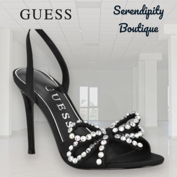 Guess Black Satin and Faux Diamond Loopy Bow Feminine Strapy Dress High Heels - Picture 1 of 6